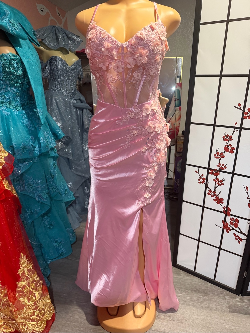Romantic Pink Floral Appliqué Prom Gown with Sheer Bodice size medium